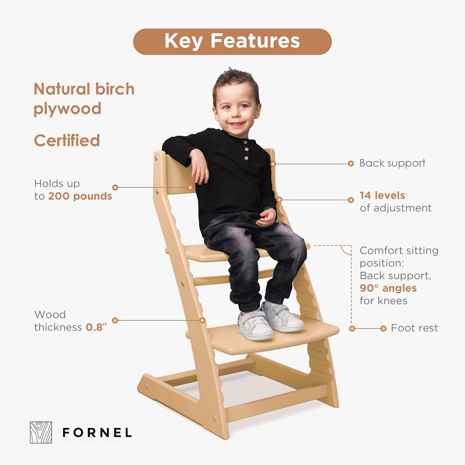 Fornel adjustable wooden high chair — natural birch plywood construction with child sitting comfortably