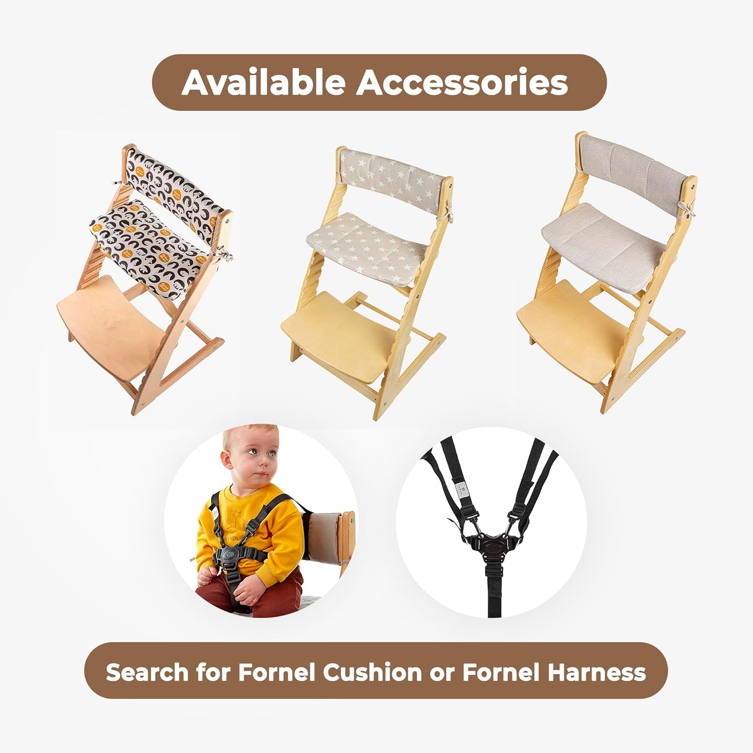 Fornel wooden high chair optional accessories — padded seat cushion and 5-point safety harness
