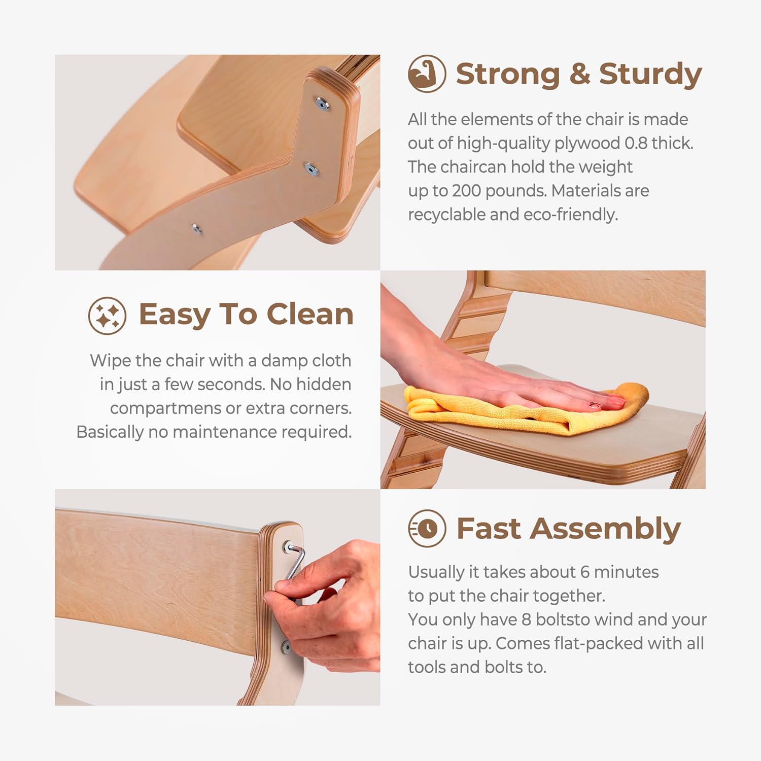 Fornel wooden high chair — strong, sturdy, easy to clean, fast 6-minute assembly