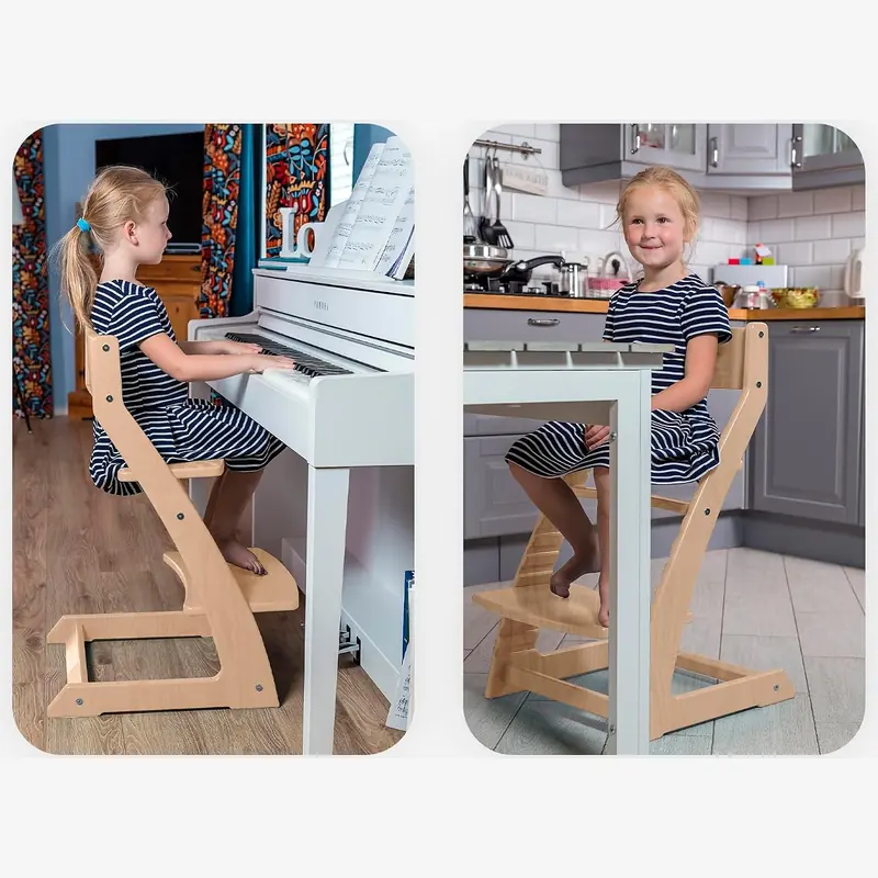 A girl using the Natural Fornel chair at a piano and at a kitchen table
