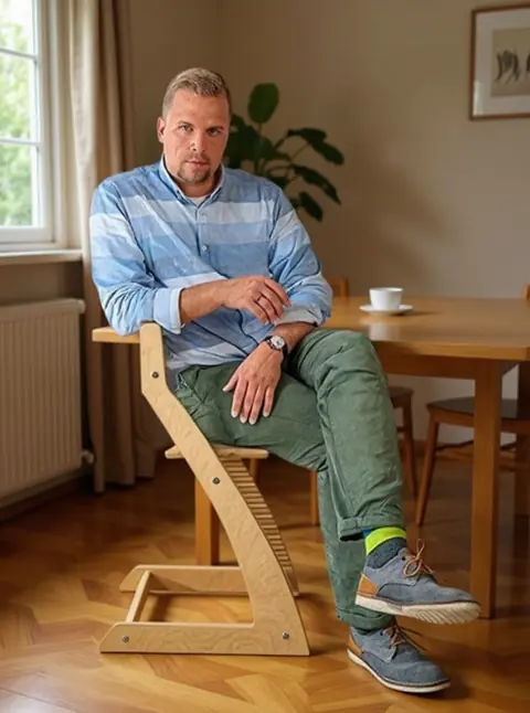 Adult man sitting in the Natural Fornel chair in a dining room