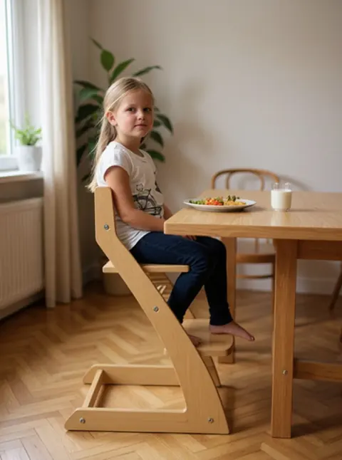 Girl sitting at a dining table in the Natural Fornel chair