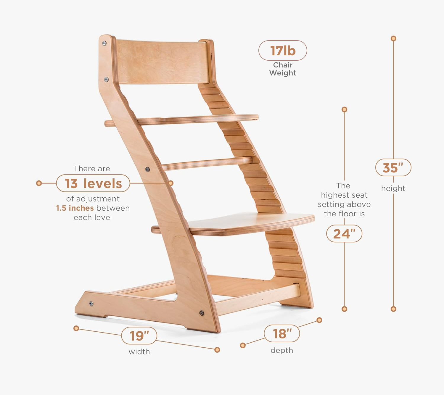 Fornel high chair dimensions and adjustment levels diagram