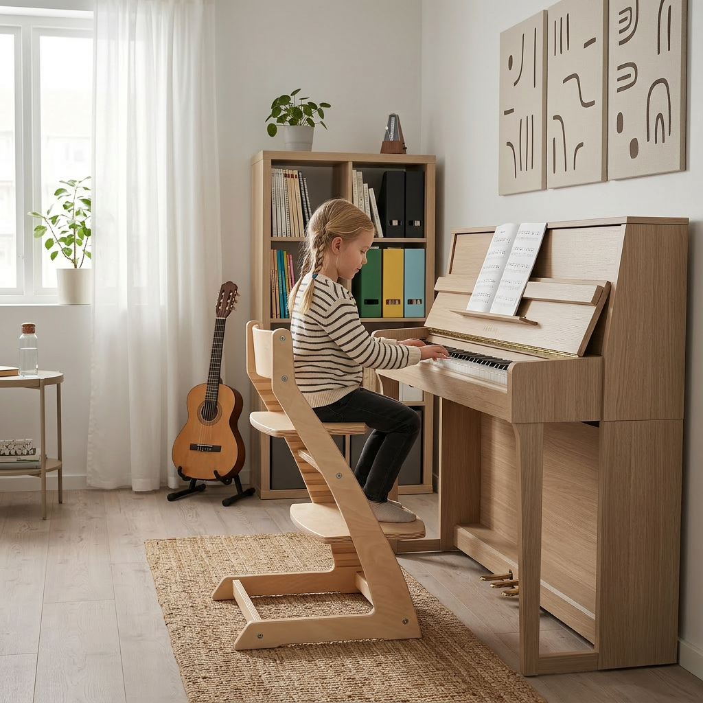Girl playing piano sitting in Fornel adjustable chair