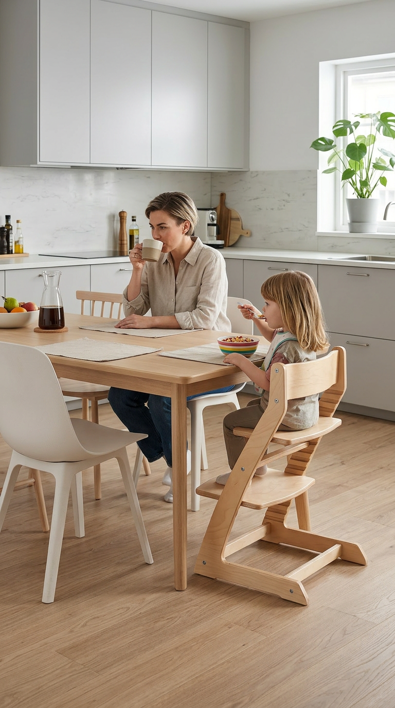 Mother and child enjoying mealtime together in Fornel high chair